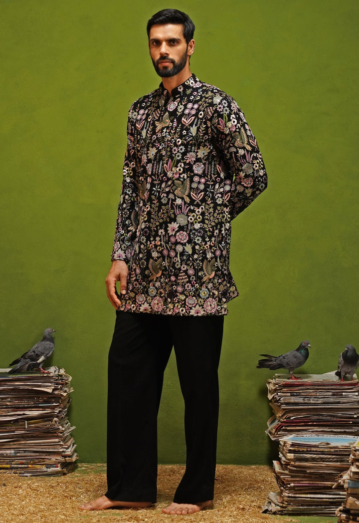 Black Floral Georgette Short Kurta Set