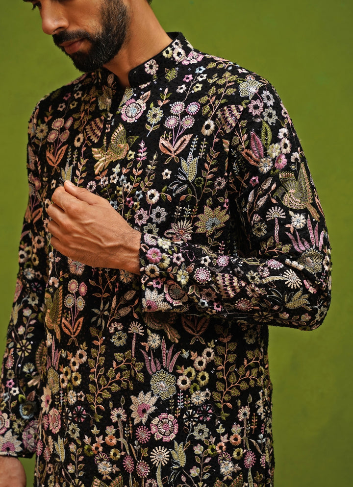 Black Floral Georgette Short Kurta Set