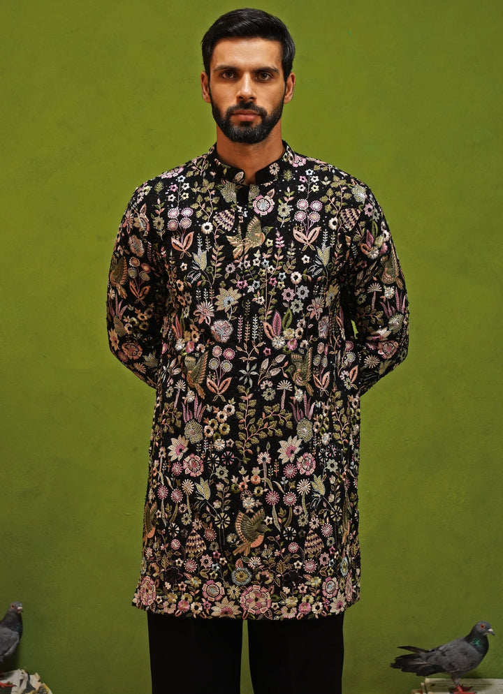 Black Floral Georgette Short Kurta Set