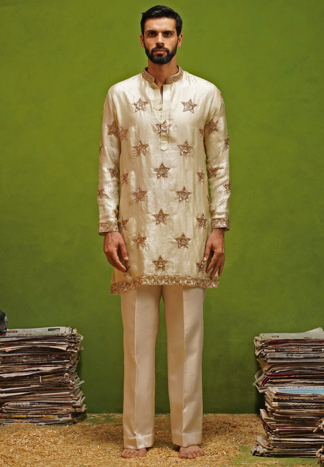 Beige Tissue Silk Short Kurta Set