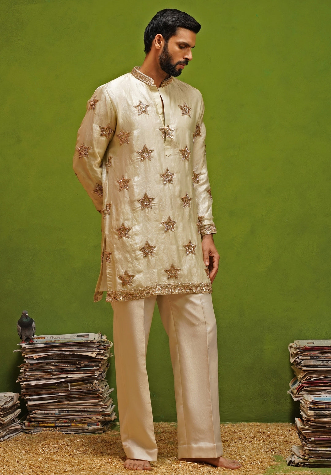 Beige Tissue Silk Short Kurta Set