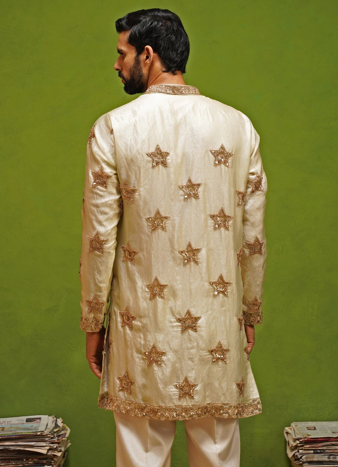 Beige Tissue Silk Short Kurta Set