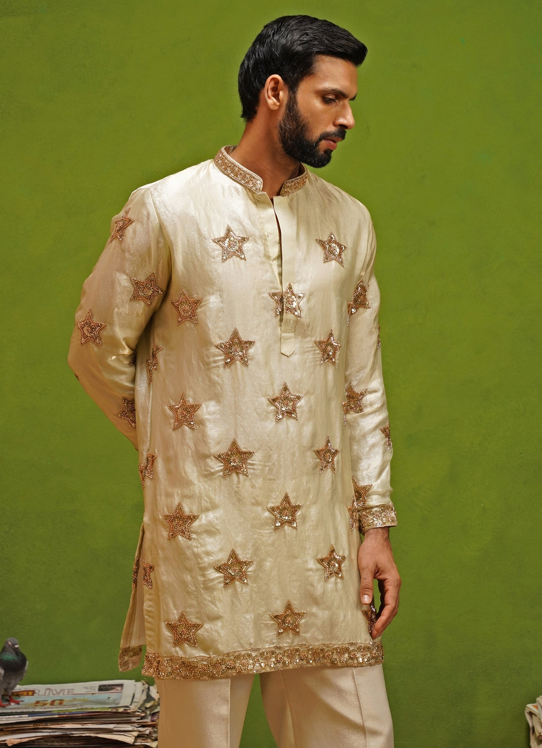 Beige Tissue Silk Short Kurta Set