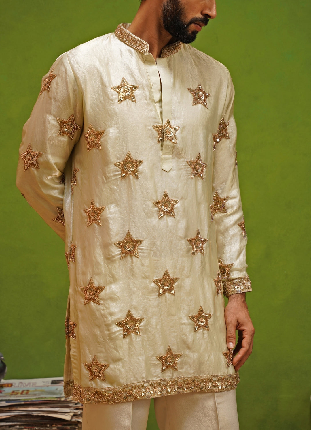 Beige Tissue Silk Short Kurta Set