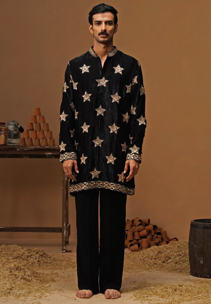 Black Tissue Silk Short Kurta Pants Set