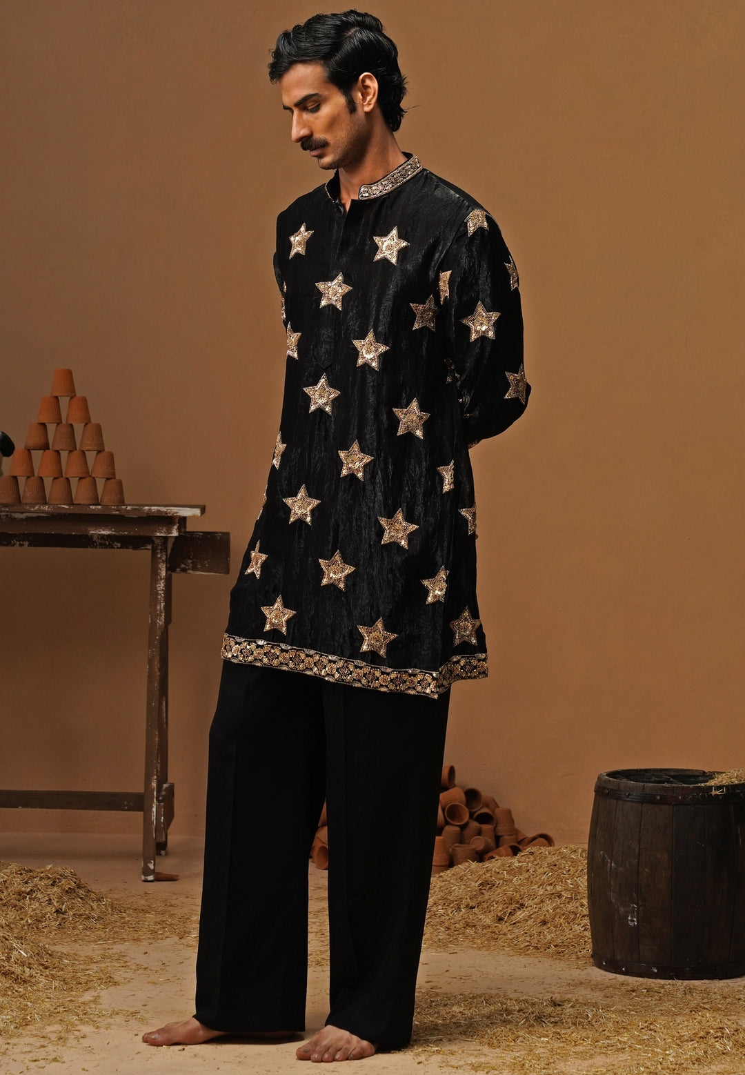 Black Tissue Silk Short Kurta Pants Set