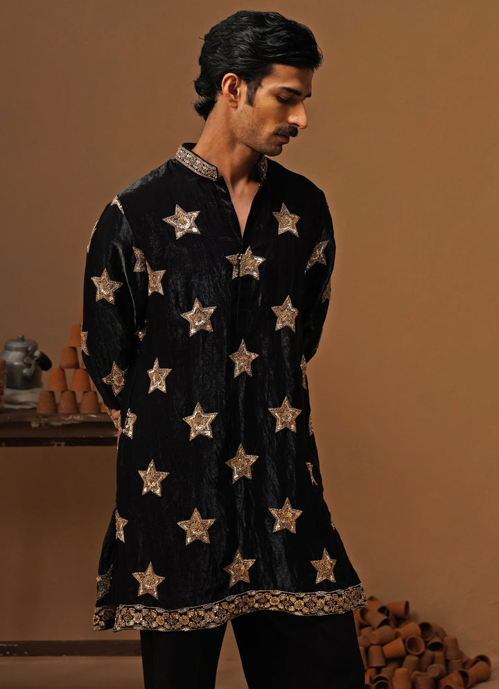 Black Tissue Silk Short Kurta Pants Set