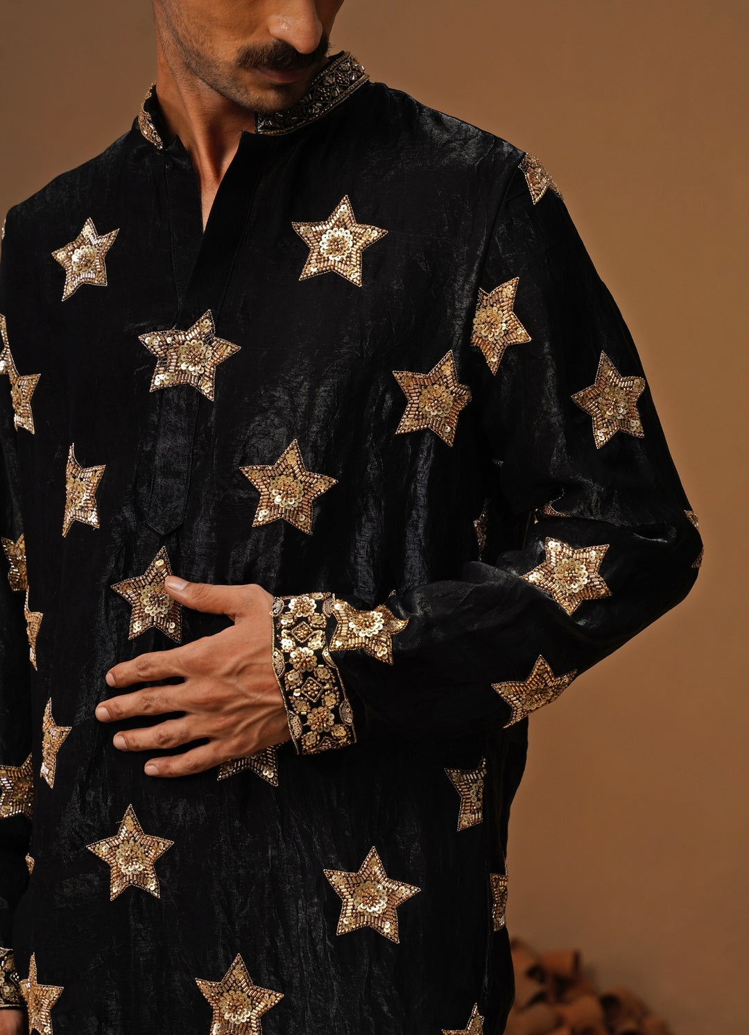 Black Tissue Silk Short Kurta Pants Set