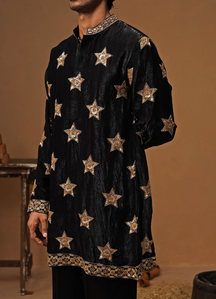 Black Tissue Silk Short Kurta Pants Set