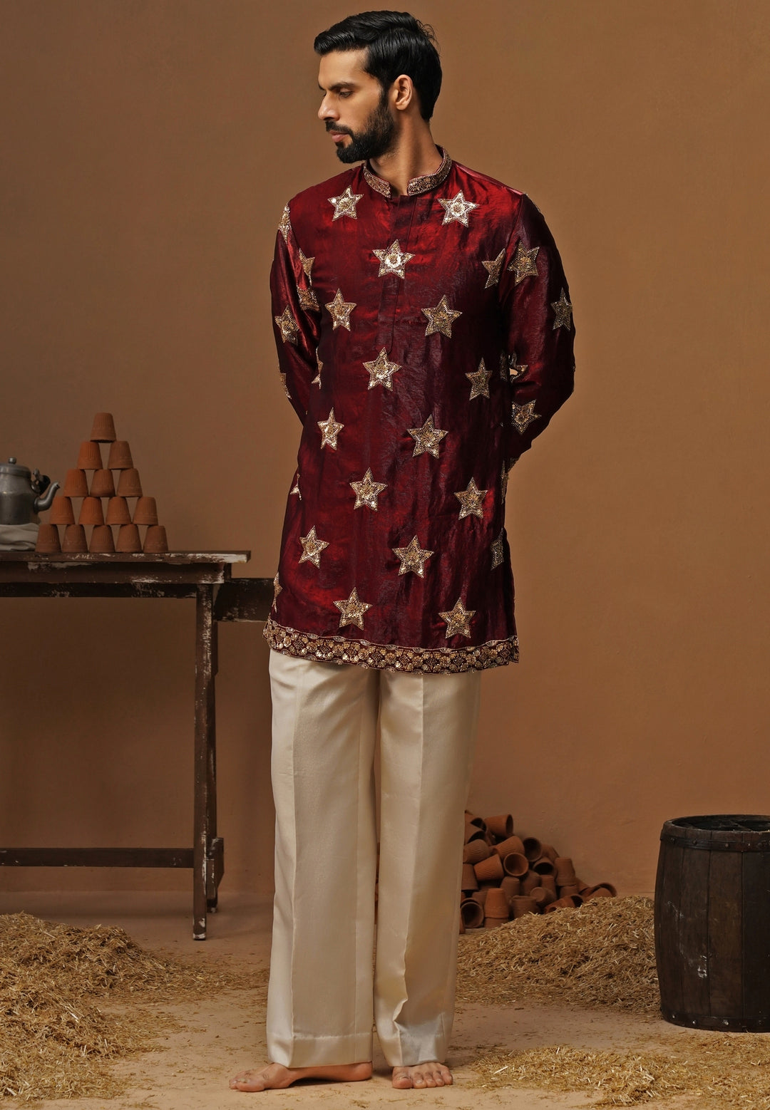 Maroon Red Tissue Silk Short Kurta Set
