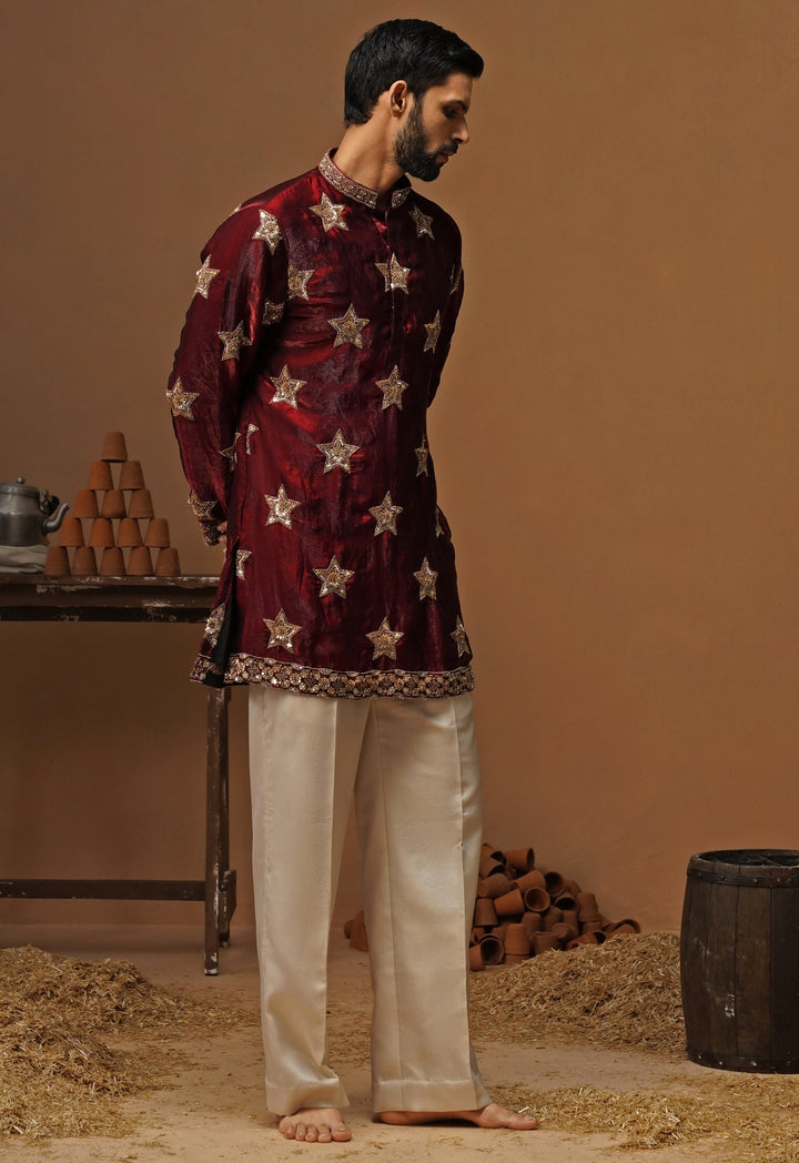 Maroon Red Tissue Silk Short Kurta Set
