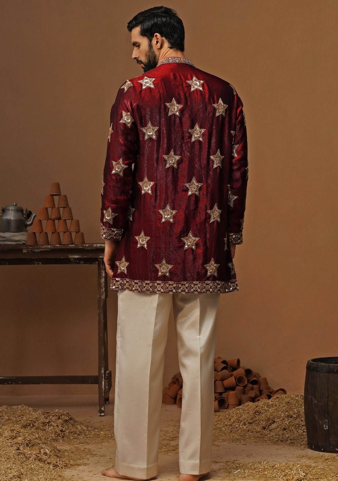 Maroon Red Tissue Silk Short Kurta Set