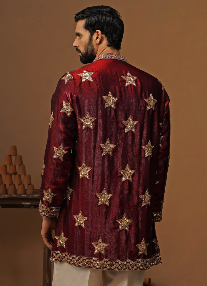 Maroon Red Tissue Silk Short Kurta Set