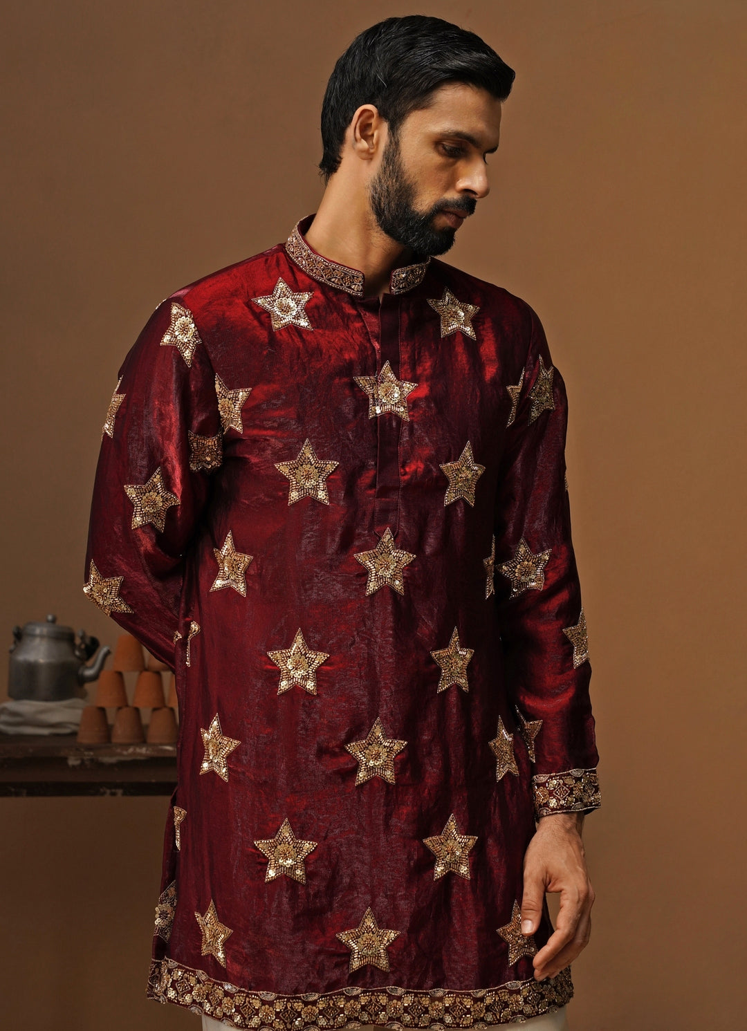 Maroon Red Tissue Silk Short Kurta Set