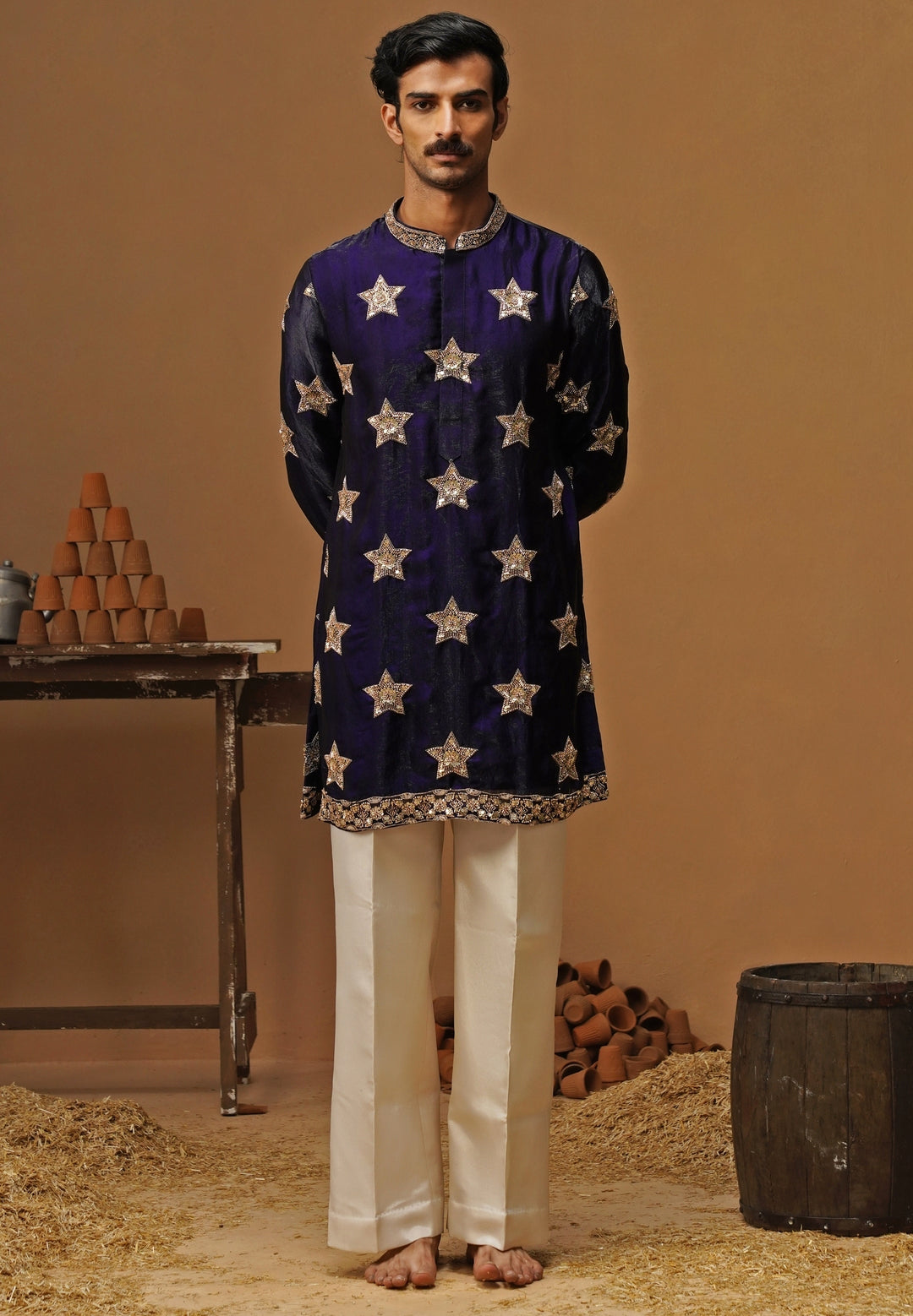 Navy Blue Tissue Silk Short Kurta Set