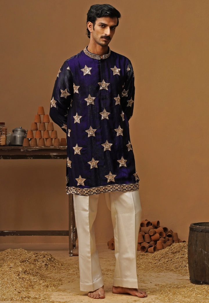 Navy Blue Tissue Silk Short Kurta Set