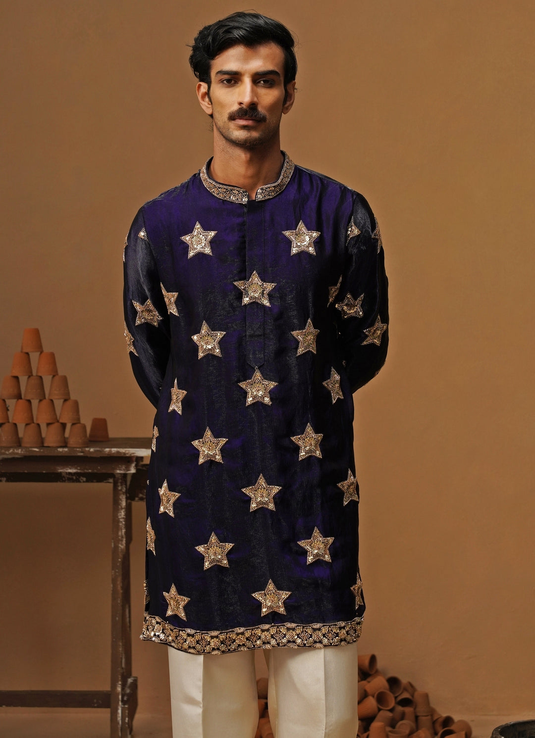 Navy Blue Tissue Silk Short Kurta Set