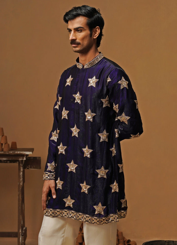 Navy Blue Tissue Silk Short Kurta Set