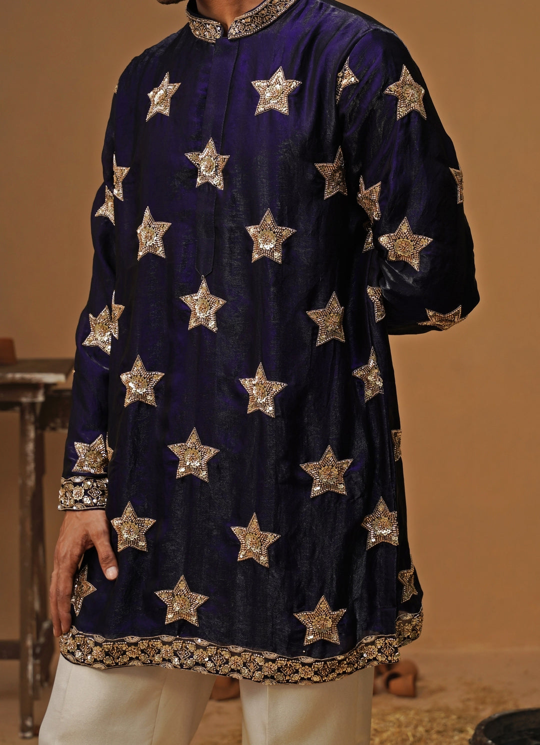 Navy Blue Tissue Silk Short Kurta Set