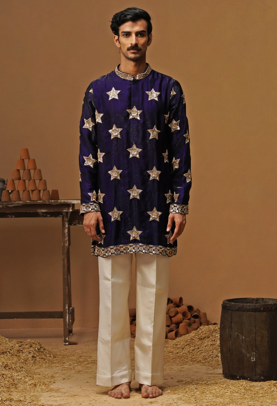 Navy Blue Tissue Silk Short Kurta Set
