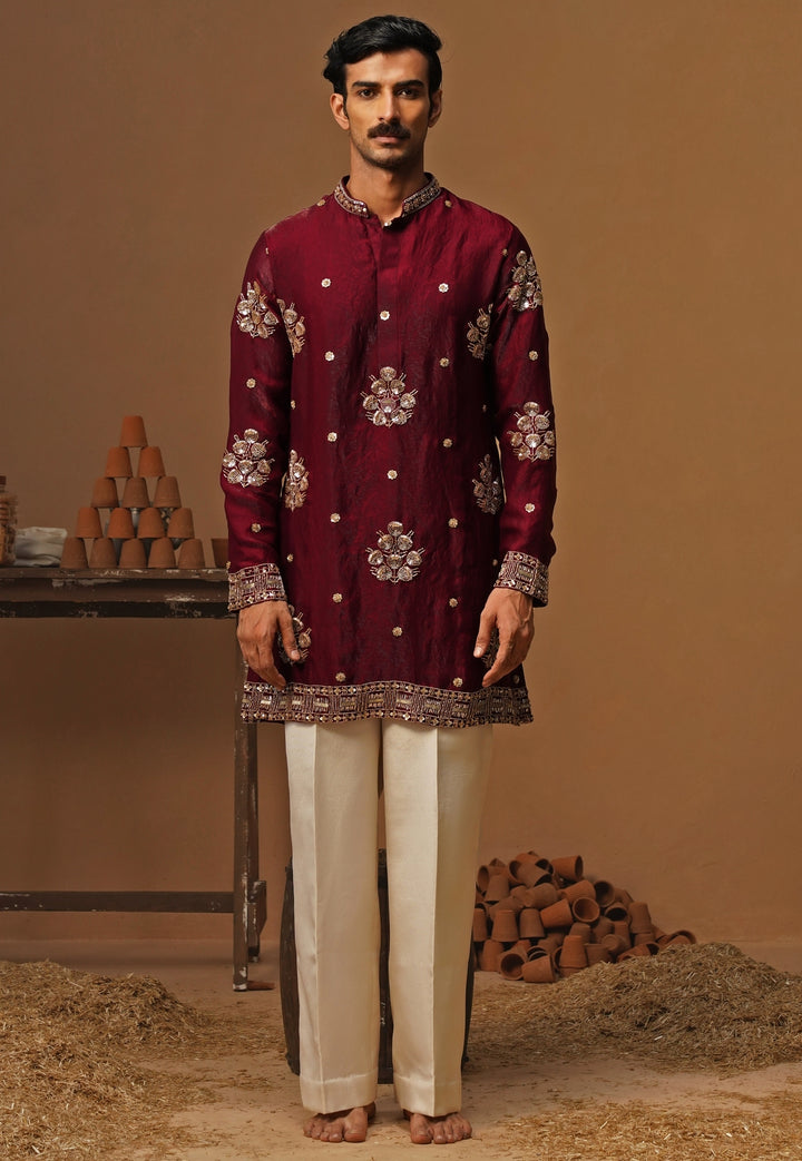 Wine Tissue Silk Short Kurta Set