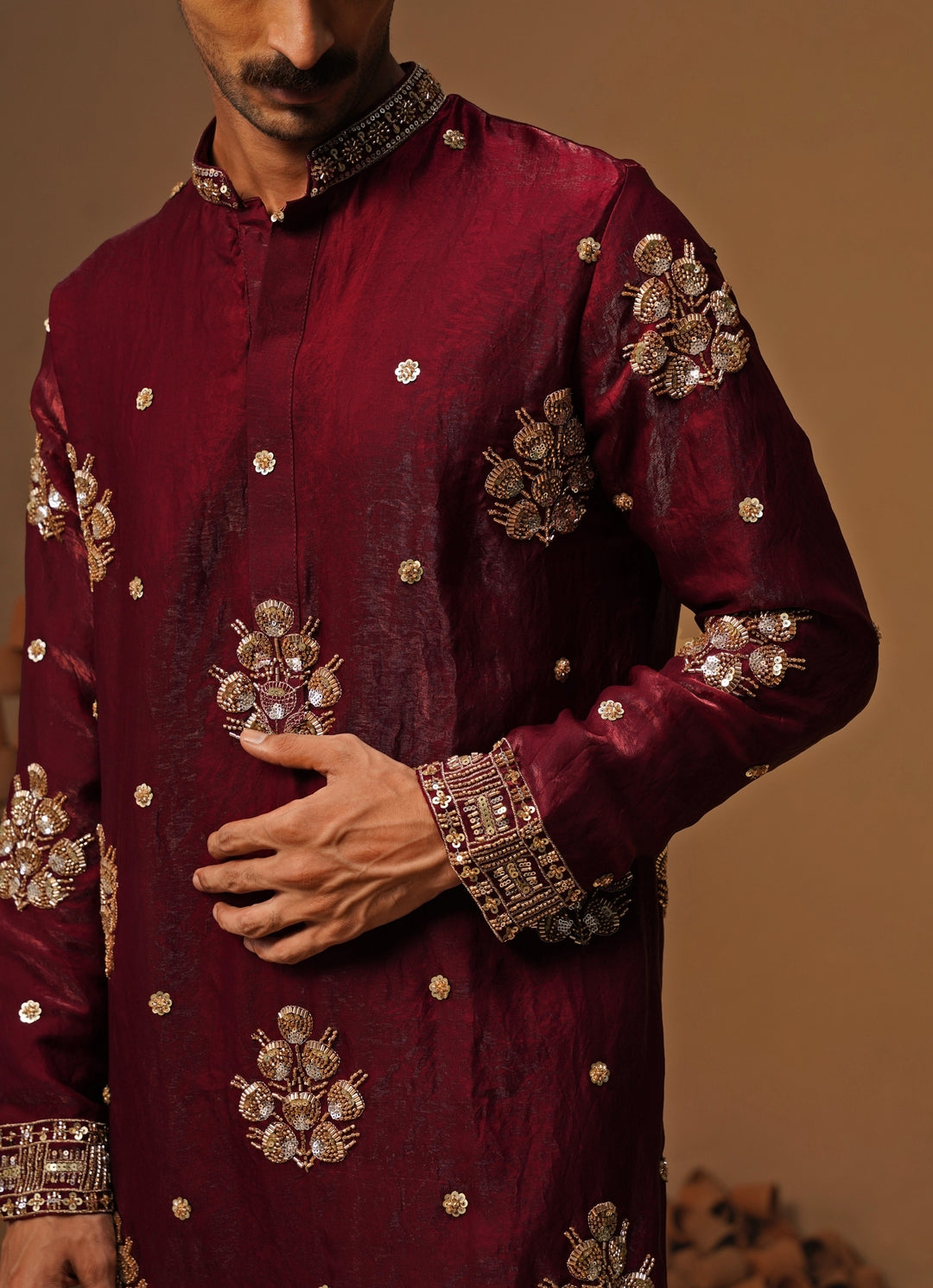Wine Tissue Silk Short Kurta Set