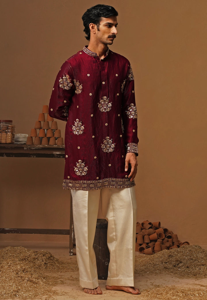 Wine Tissue Silk Short Kurta Set
