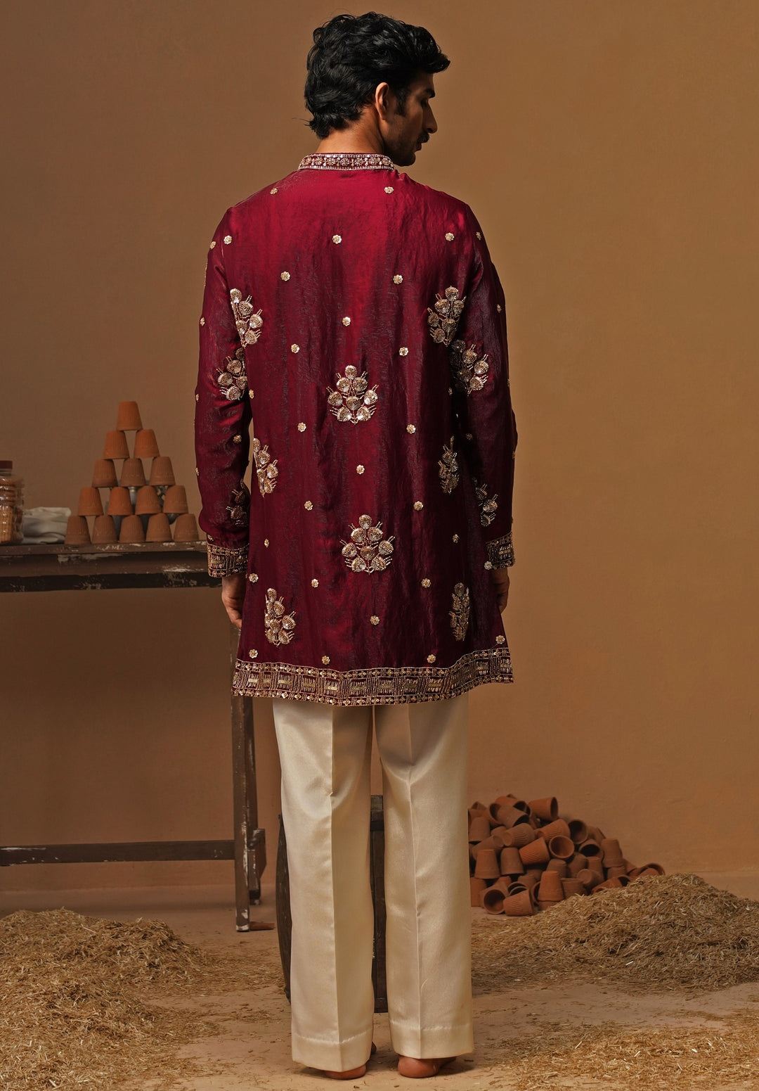 Wine Tissue Silk Short Kurta Set