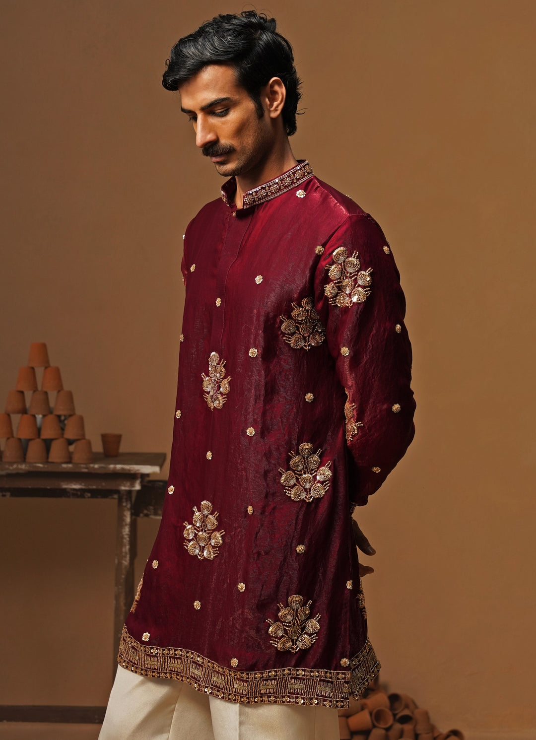 Wine Tissue Silk Short Kurta Set