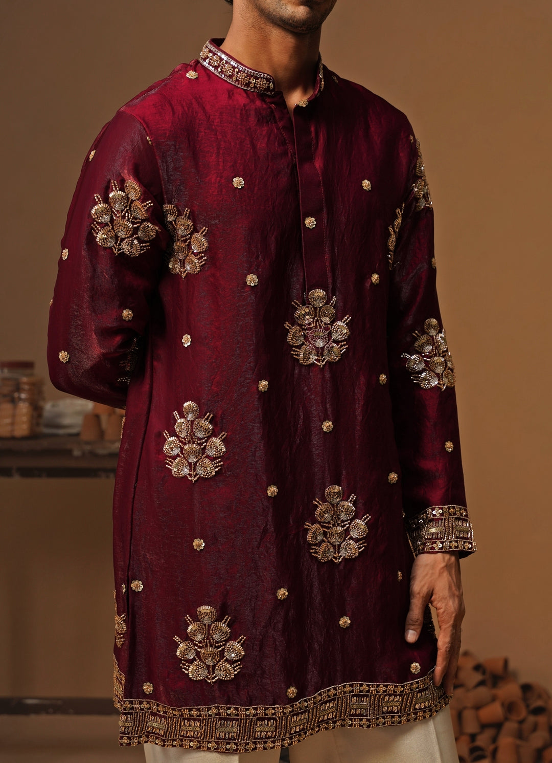 Wine Tissue Silk Short Kurta Set