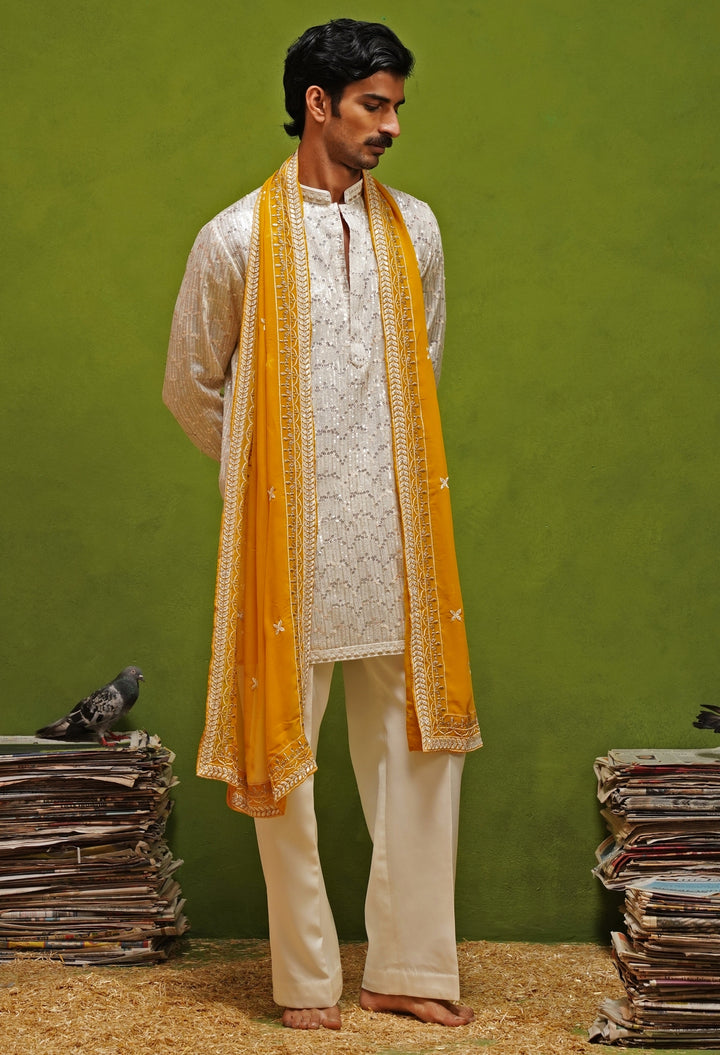 Ivory Georgette Kurta Set with Yellow Dupatta