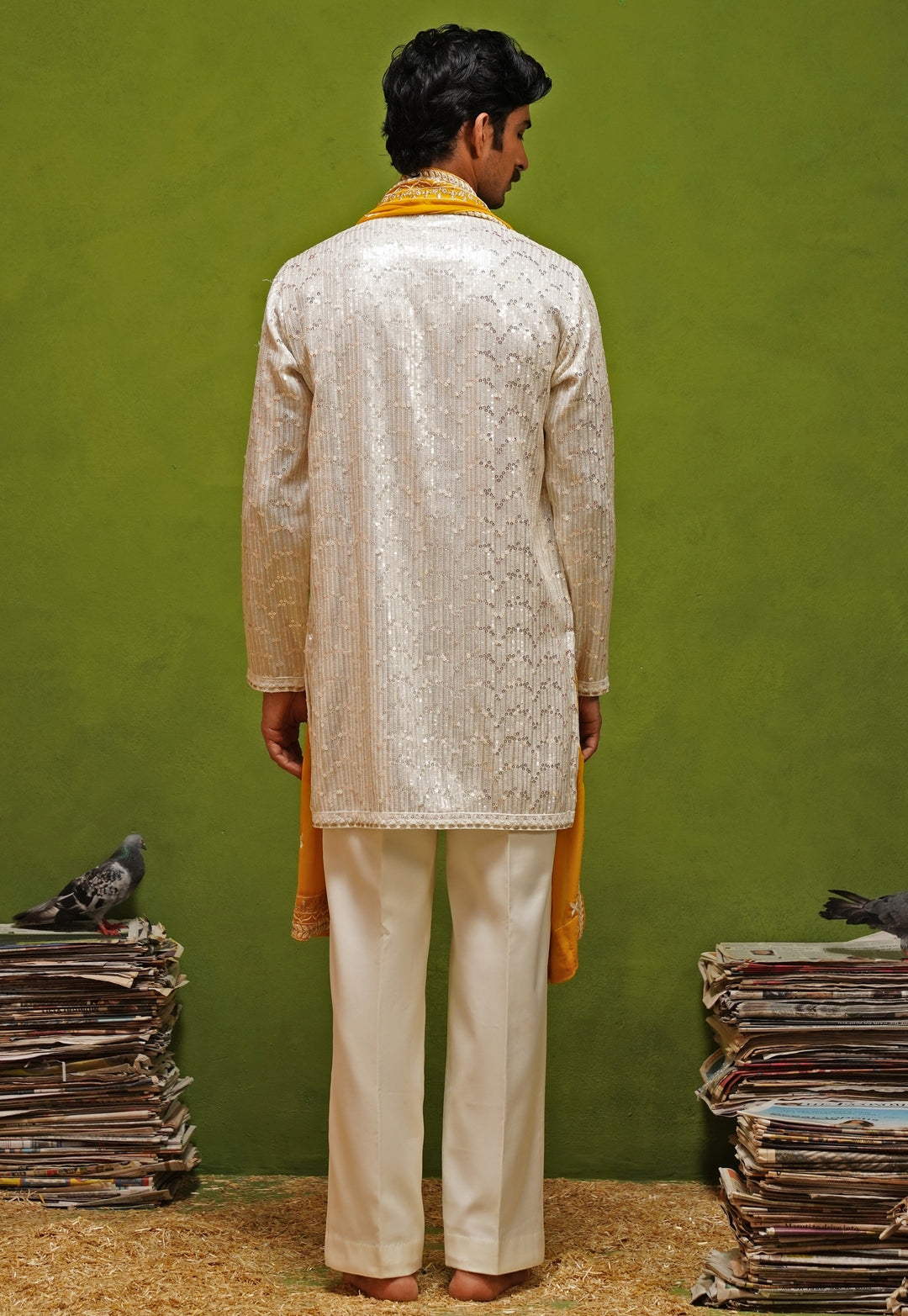 Ivory Georgette Kurta Set with Yellow Dupatta