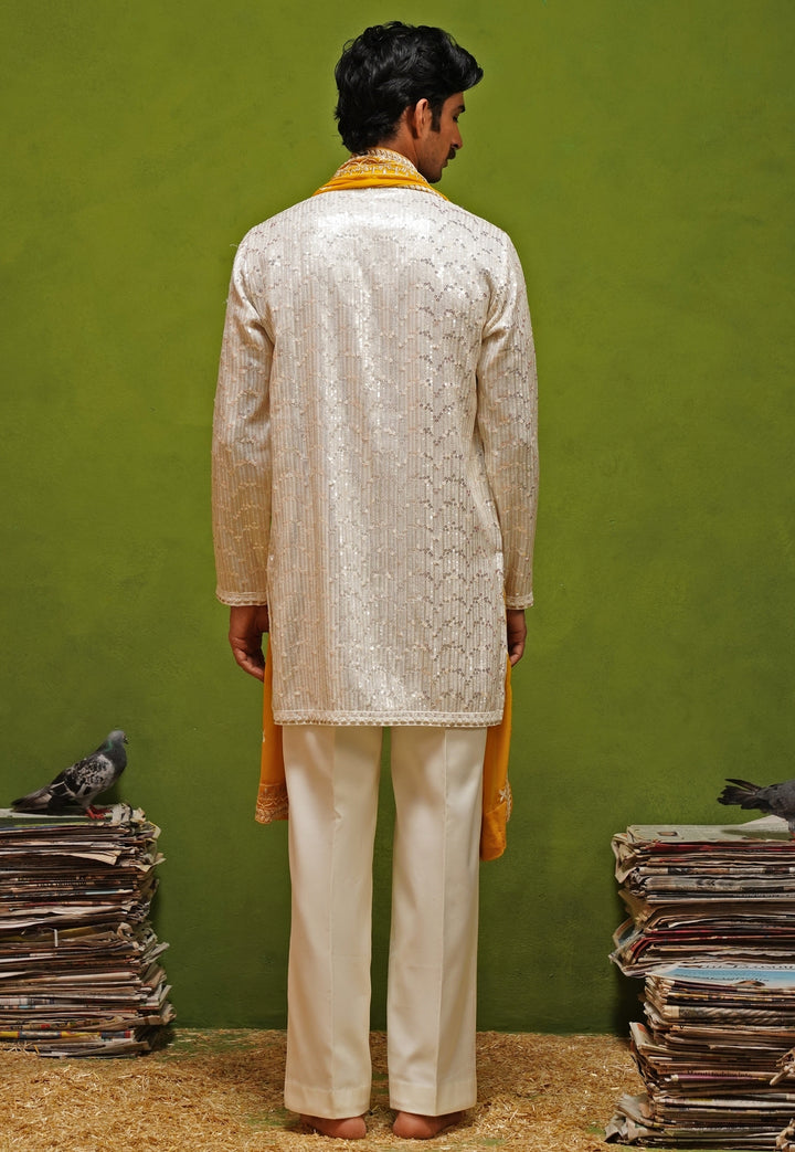 Ivory Georgette Kurta Set with Yellow Dupatta