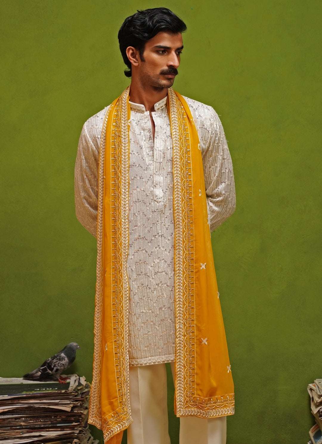 Ivory Georgette Kurta Set with Yellow Dupatta