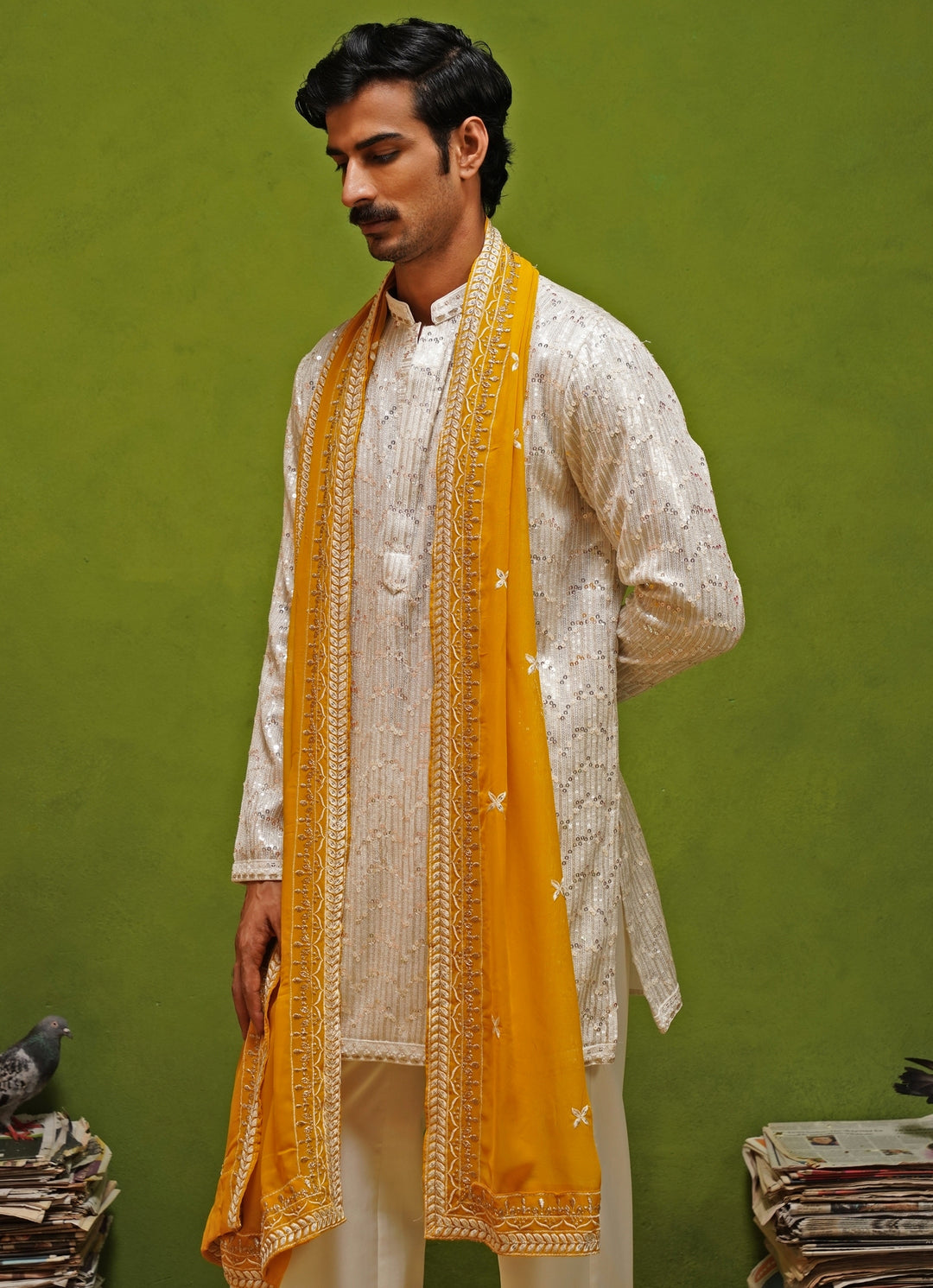 Ivory Georgette Kurta Set with Yellow Dupatta