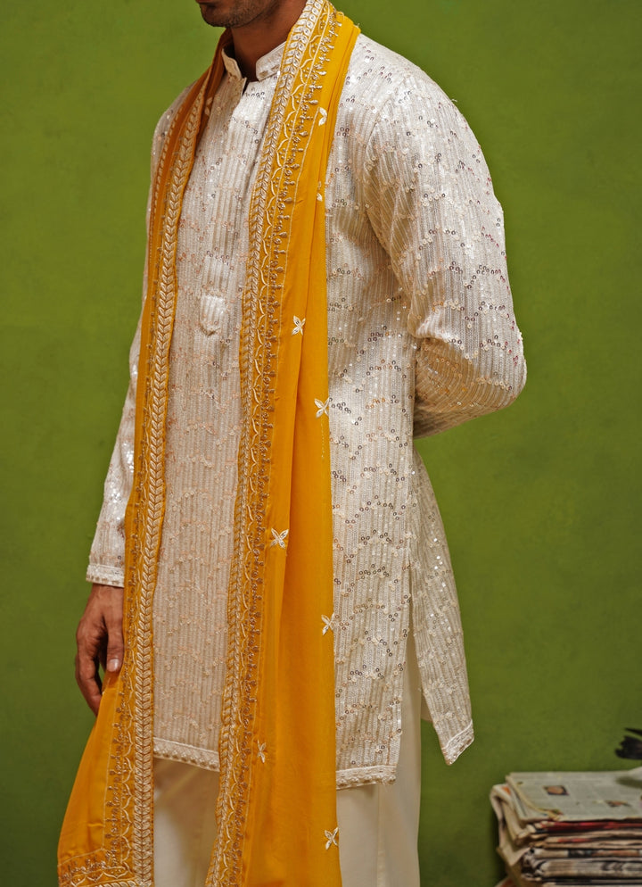Ivory Georgette Kurta Set with Yellow Dupatta