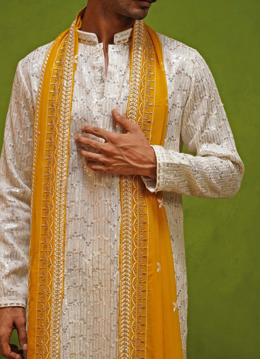 Ivory Georgette Kurta Set with Yellow Dupatta