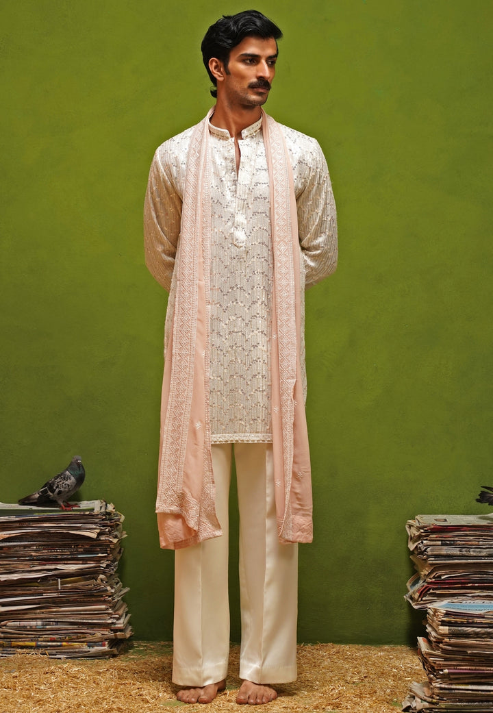 Ivory Georgette Short Kurta Set with Dupatta