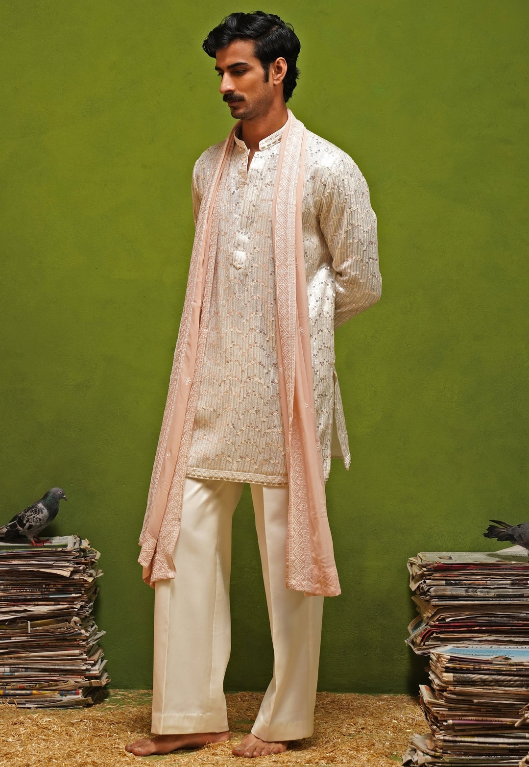 Ivory Georgette Short Kurta Set with Dupatta