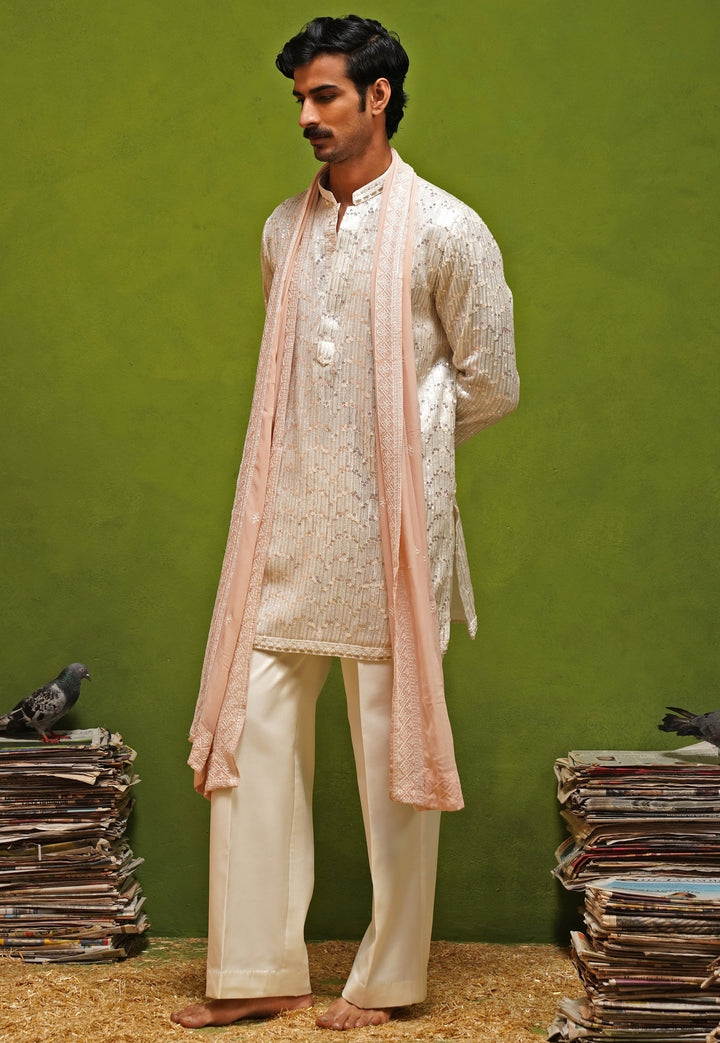 Ivory Georgette Short Kurta Set with Dupatta