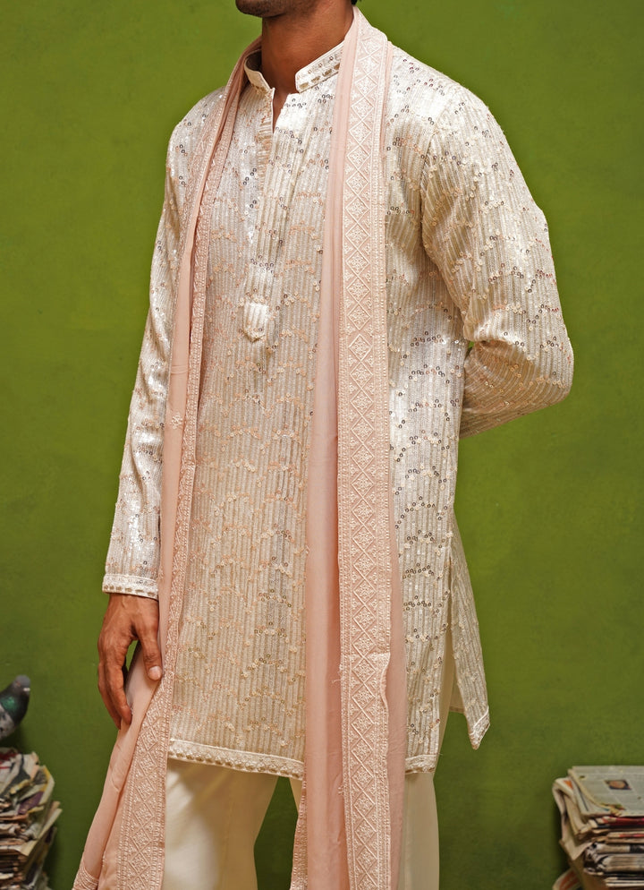 Ivory Georgette Short Kurta Set with Dupatta