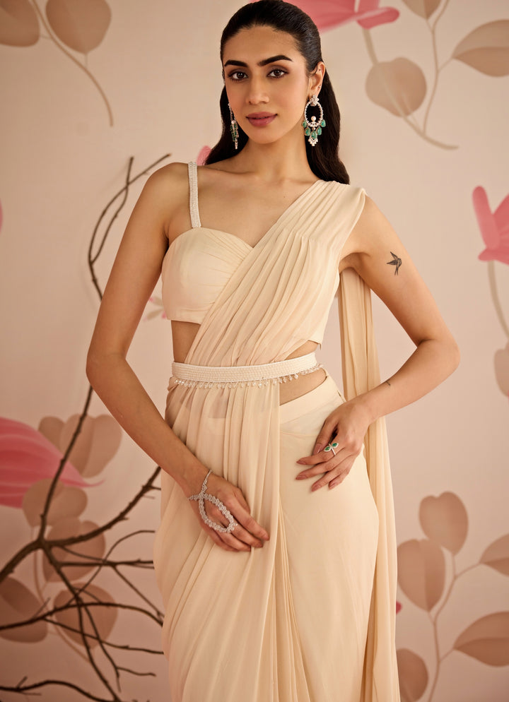 Ivory Georgette Predraped Saree Set