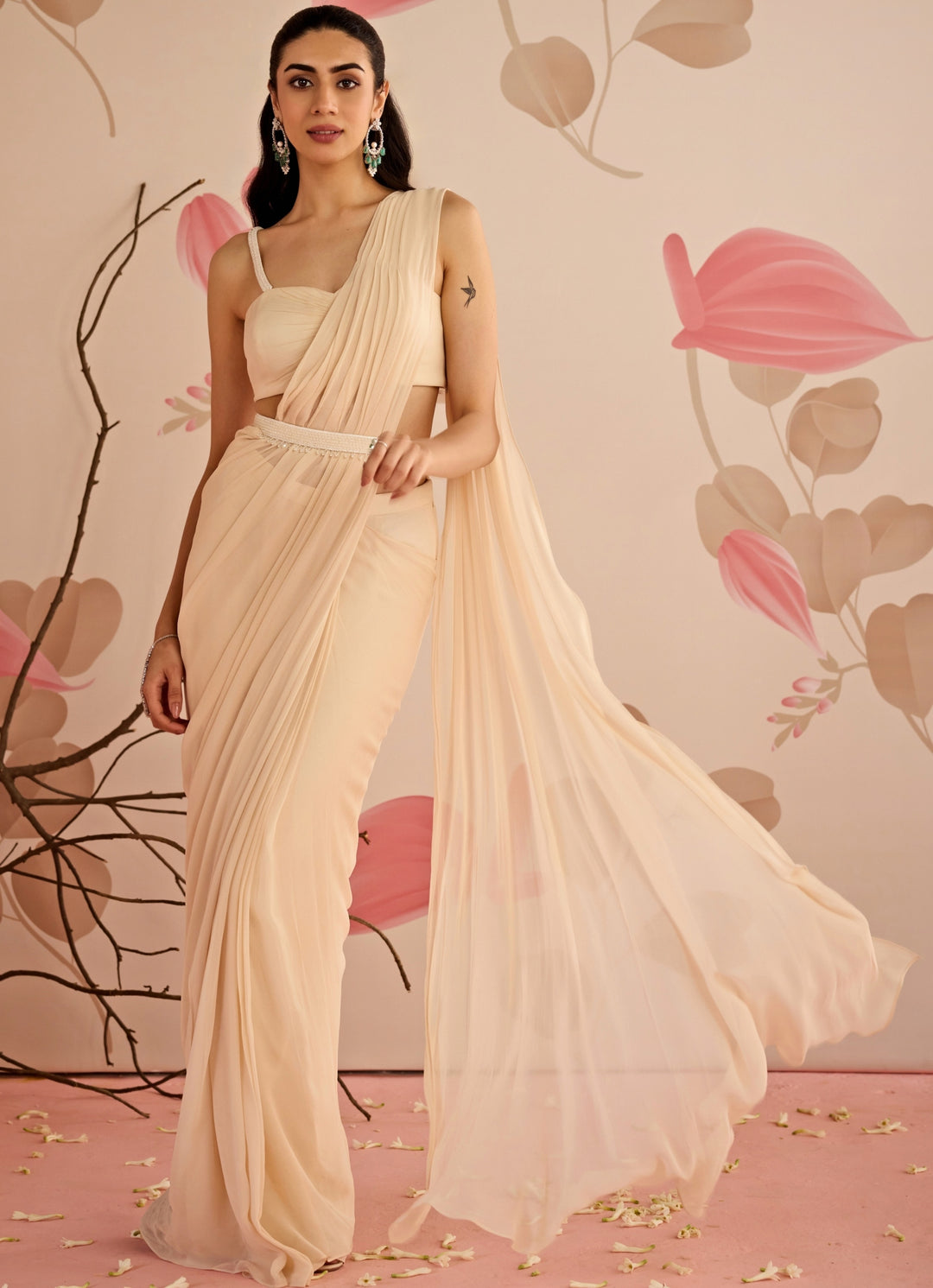 Ivory Georgette Predraped Saree Set