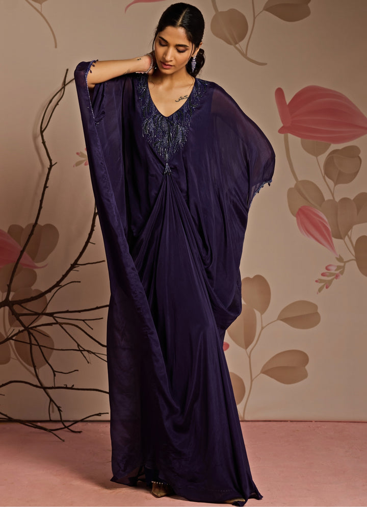 Midnight Blue Embroidered Chiffon Kaftan Set