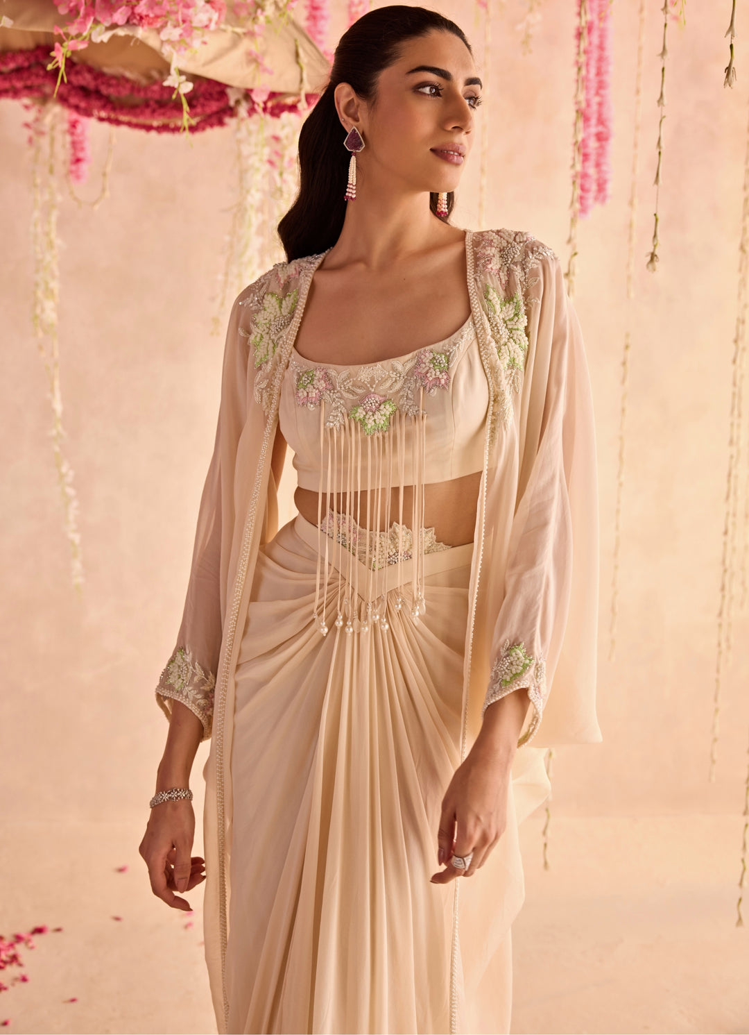 Ivory Embroidered Drape Skirt Set With Cape