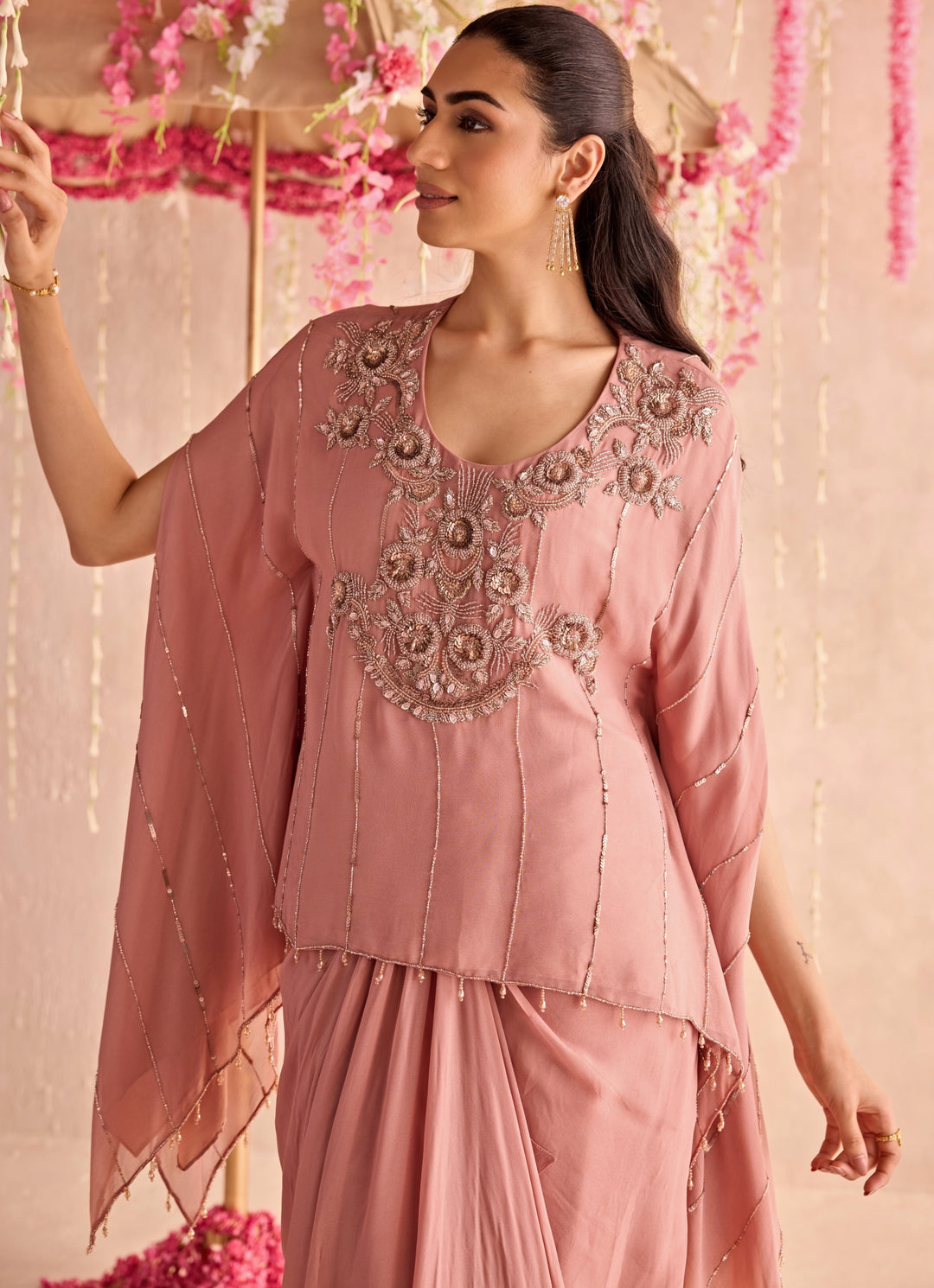 Champagne Embroidered Drape Skirt Set