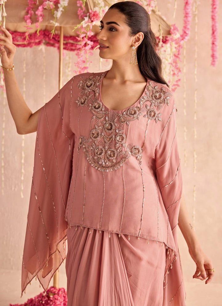 Champagne Embroidered Drape Skirt Set
