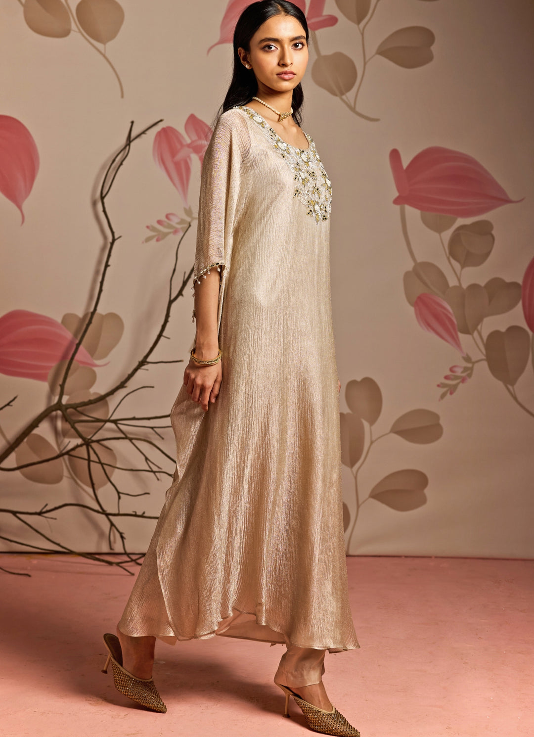 Gold Embroidered Kaftan Kurta Pants Set