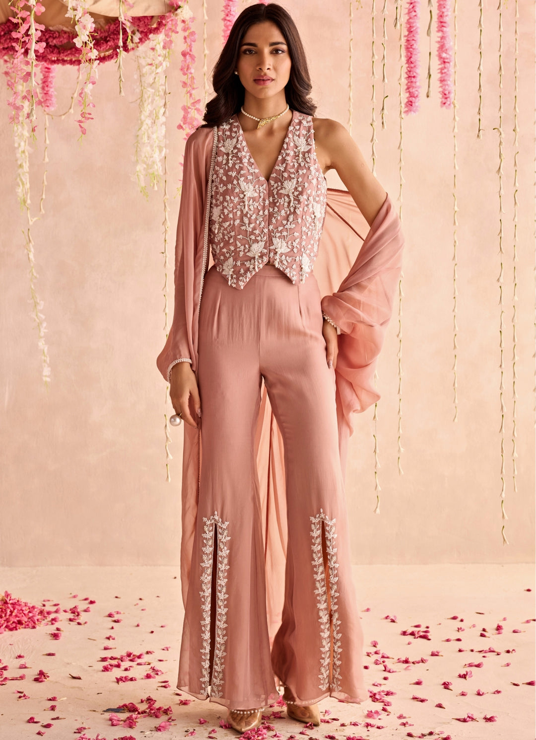 Champagne Pink Embroidered Pants Set