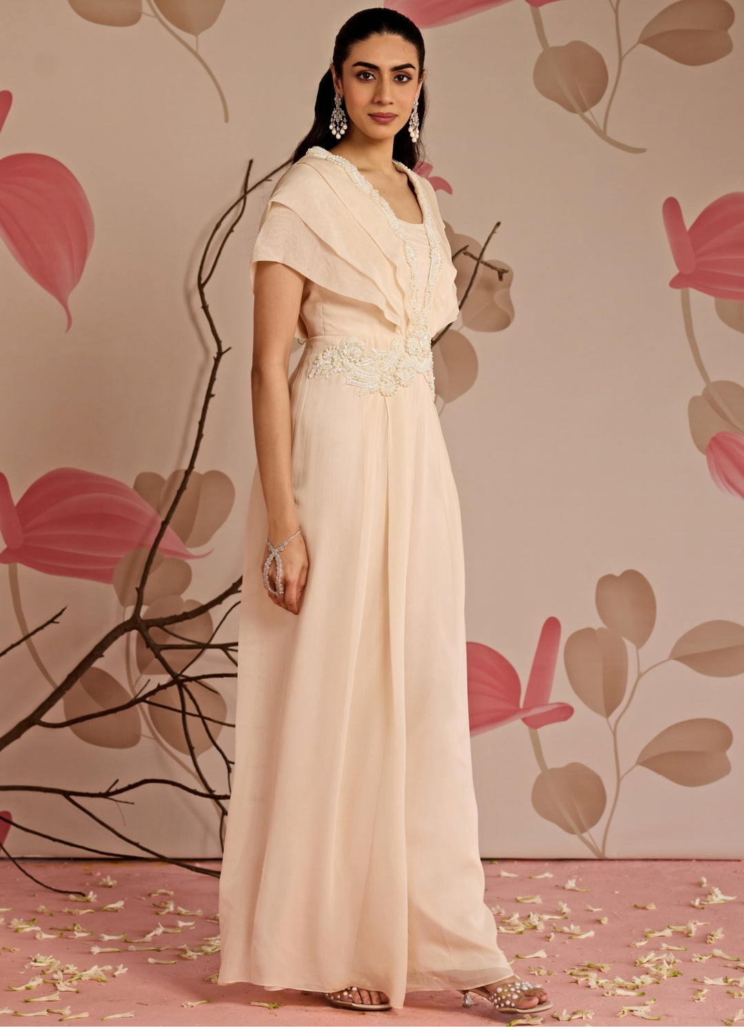 Ivory Embroidered Georgette Jumpsuit